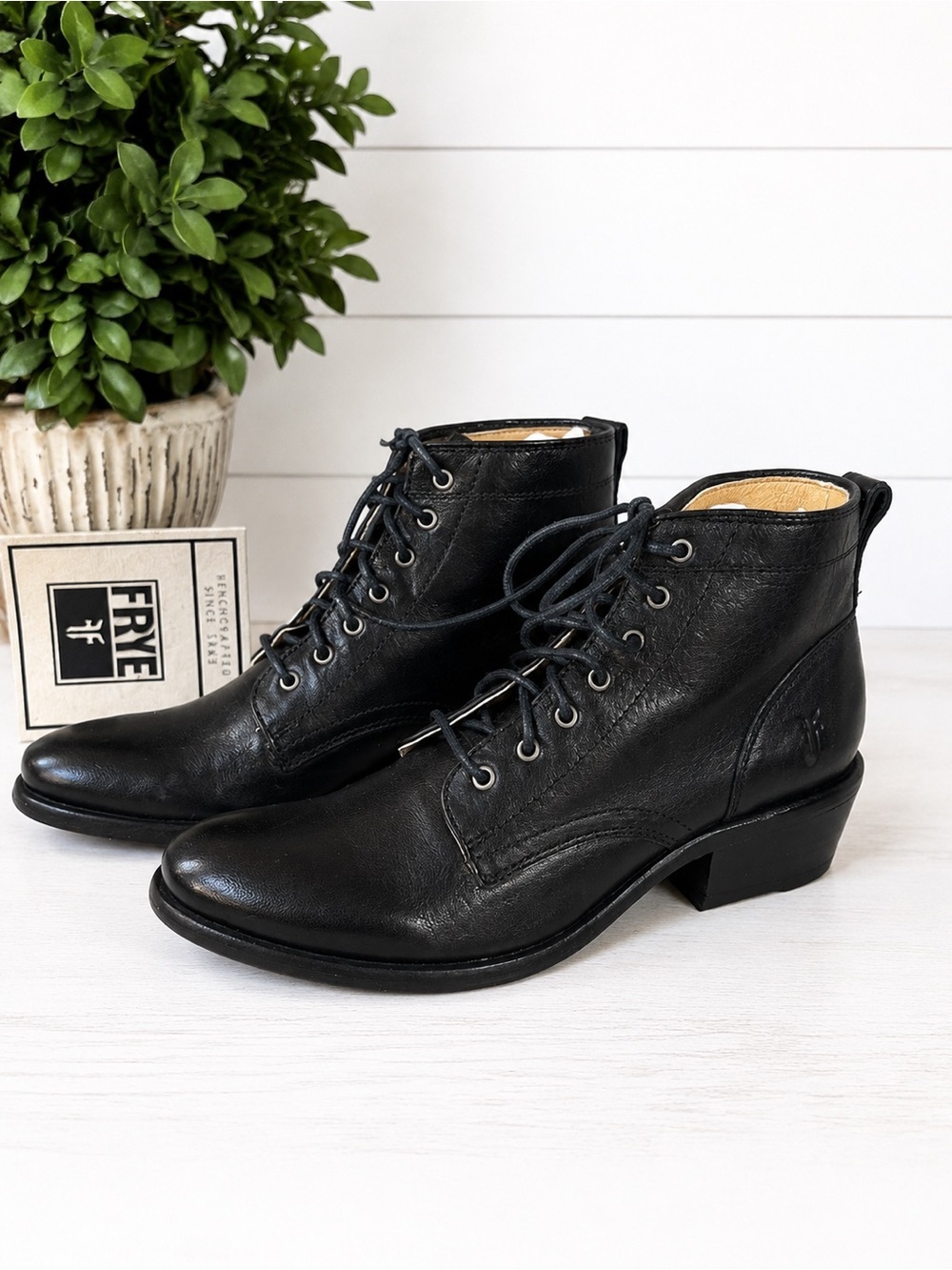 Frye Carson Women’s Black Leather Lace-Up Ankle Boots Low Heel NWT Size 5 1/2B